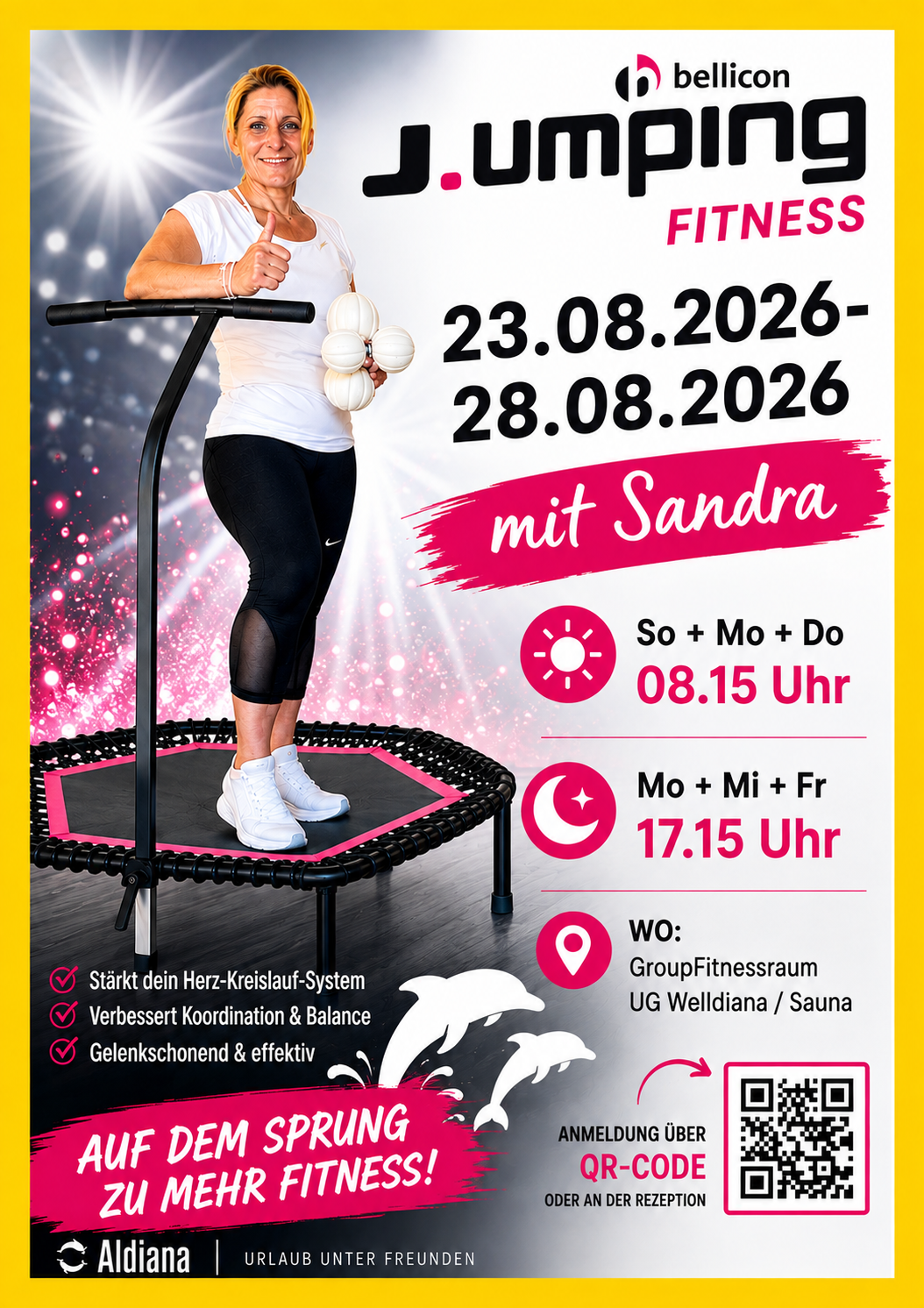 Jumping Fitness Basic (23.08.- 28.08) mit Sandra (Voranmeldung über QR Code oder an der Rezeption)