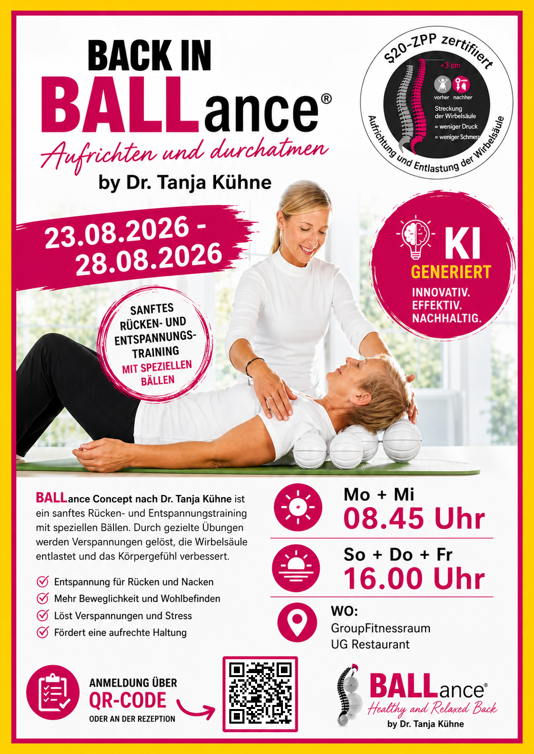 Back in BALLance® Aufrichten und durchatmen (23.08.-28.08.26) Anmeldung über QR-Code oder an der Rezeption