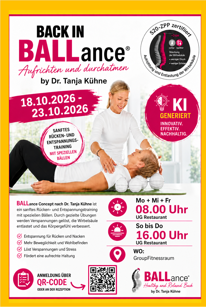 Back in BALLance® mit Andreas. Aufrichten und durchatmen (18.10.-23.10.26) Anmeldung erforderlich über QR-Code oder an der Rezeption 
