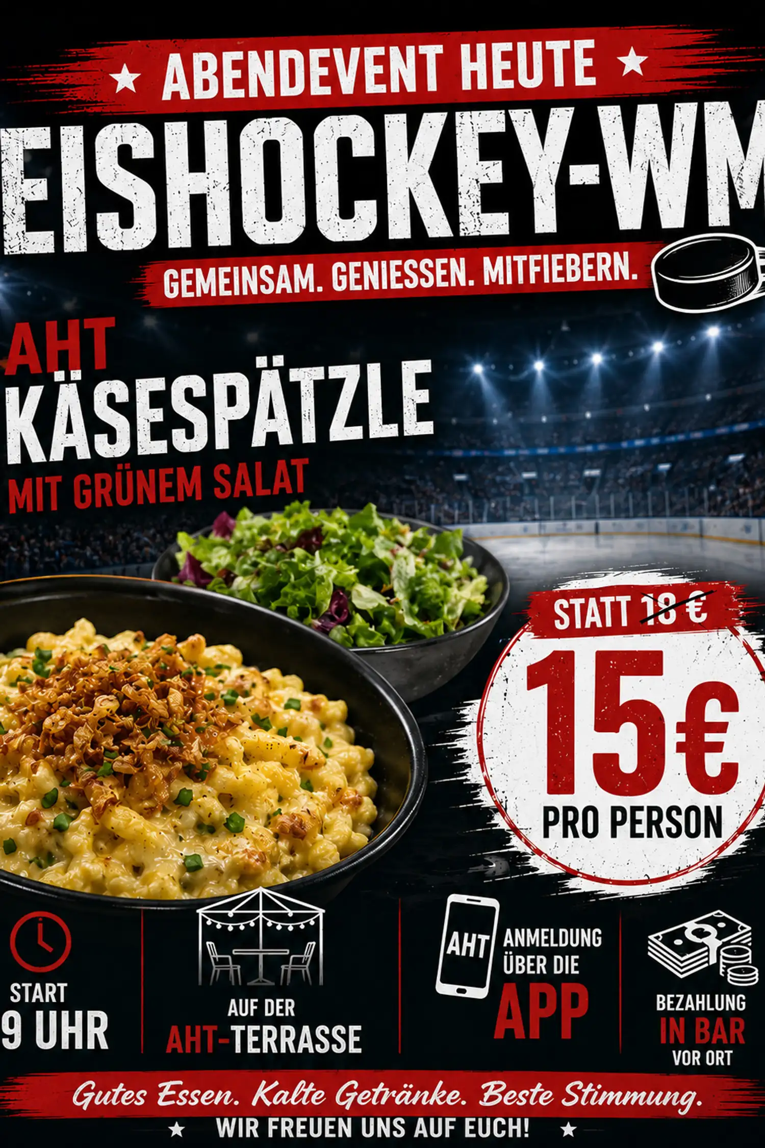 SUNDAY special event: AHT cheese spaetzle evening for the Ice Hockey World Cup