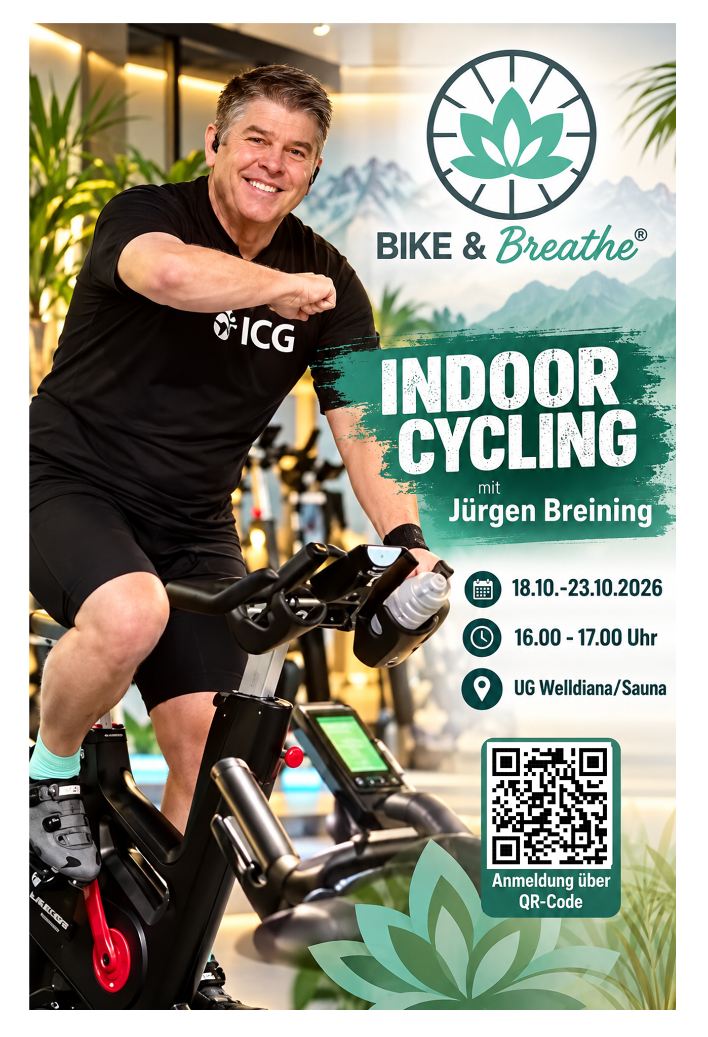 Event (18.10.-23.10.): Bike & Breathe® Indoor Cyling mit Jürgen Breining (Voranmeldung über QR-Code oder an der Rezeption)