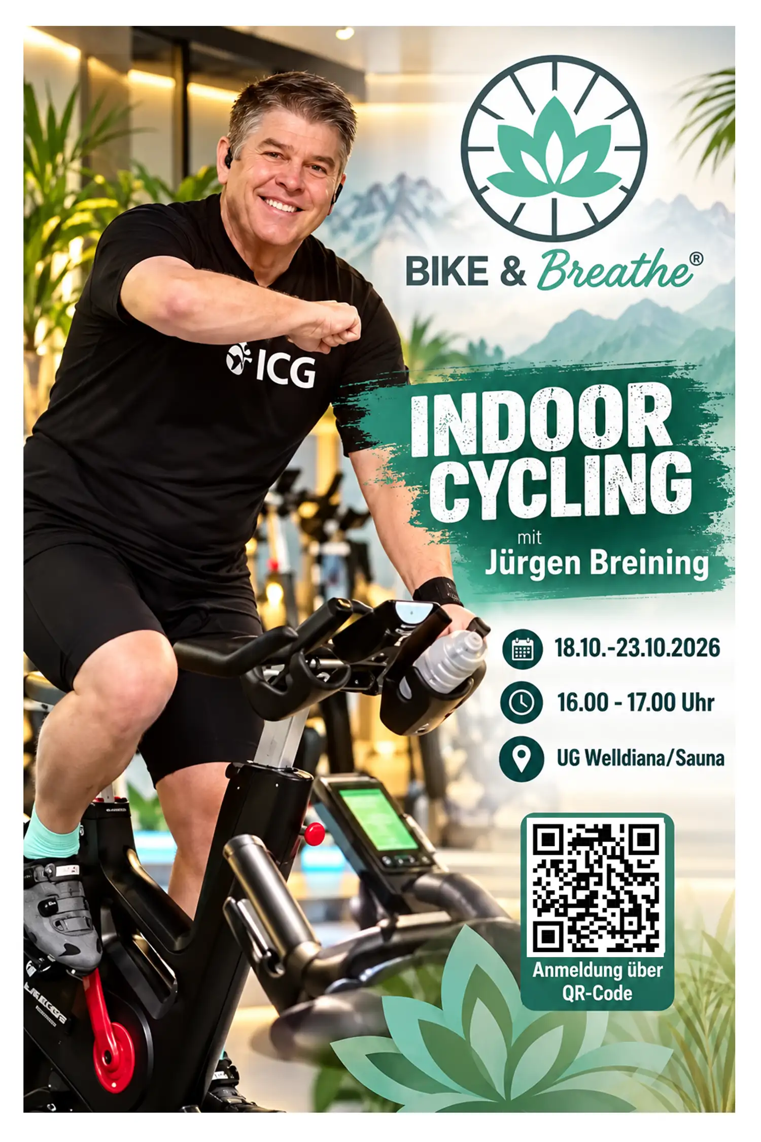 Event (18.10.-23.10.): Bike & Breathe® Indoor Cyling mit Jürgen Breining (Voranmeldung über QR-Code oder an der Rezeption)