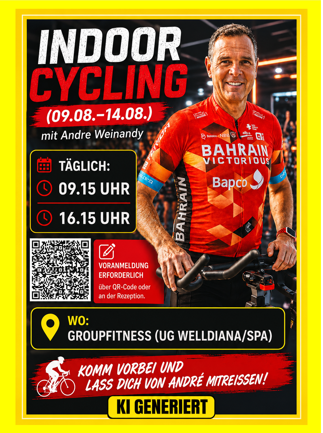 Indoor Cycling (09.08.-14.08.)  mit Andre Weinandy (Voranmeldung erforderlich über QR-Code oder an der Rezeption) 