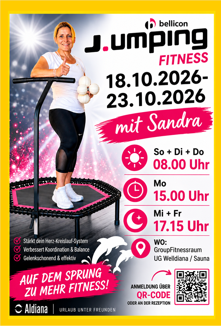 Jumping Fitness Basic (18.10.- 23.10) mit Sandra (Voranmeldung über QR Code oder an der Rezeption)