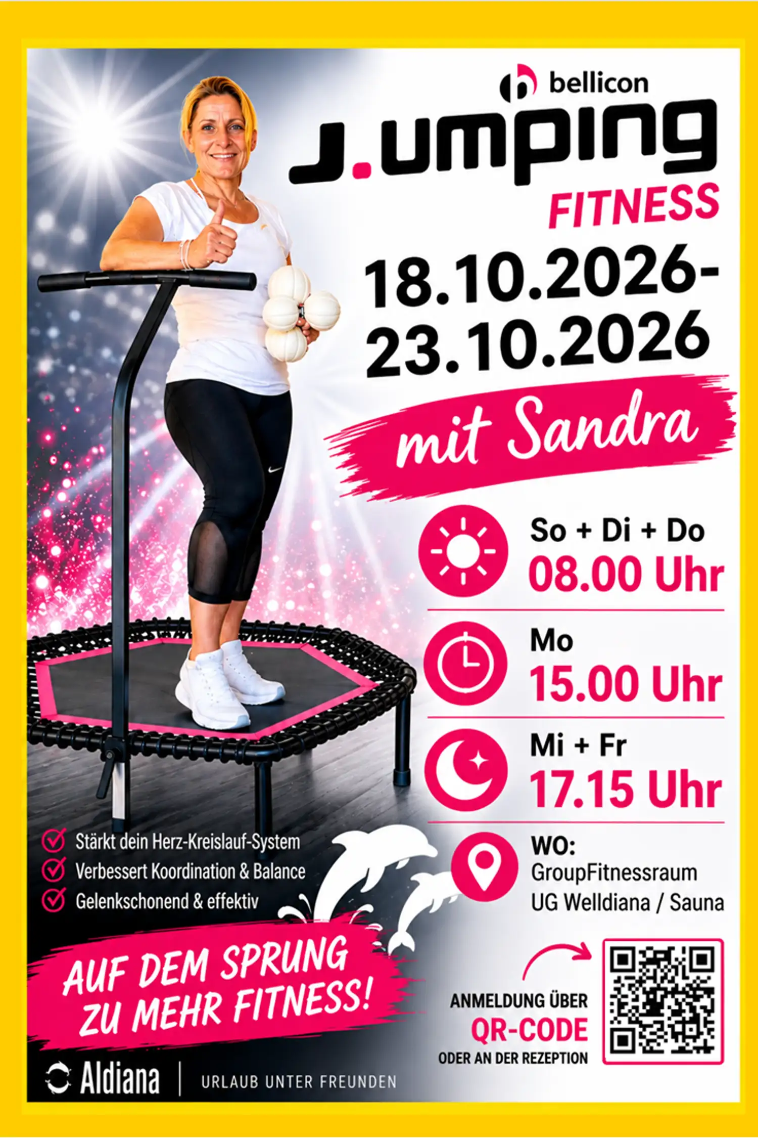 Jumping Fitness Basic (18.10.- 23.10) mit Sandra (Voranmeldung über QR Code oder an der Rezeption)