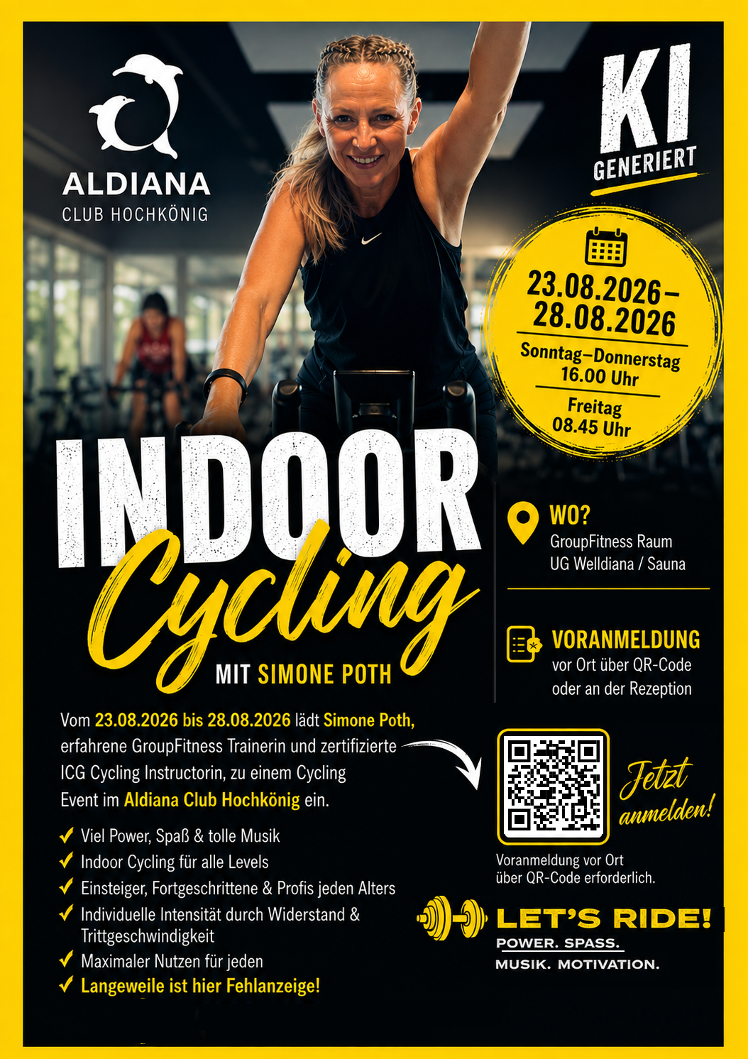 Indoor Cycling (23.08.- 28.08) mit Simone Pooth (Voranmeldung erforderlich über QR-Code oder an der Rezeption)