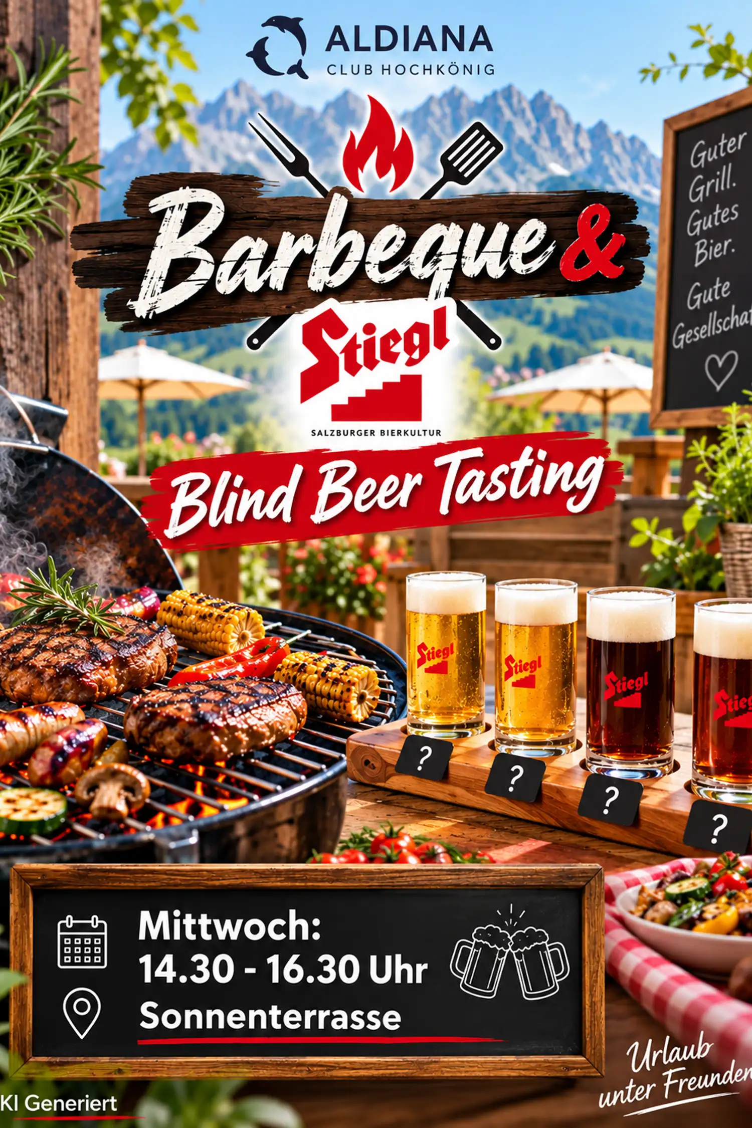 "Barbeque" mit Steigl Blind Beer Tasting auf der Sonnenterrasse