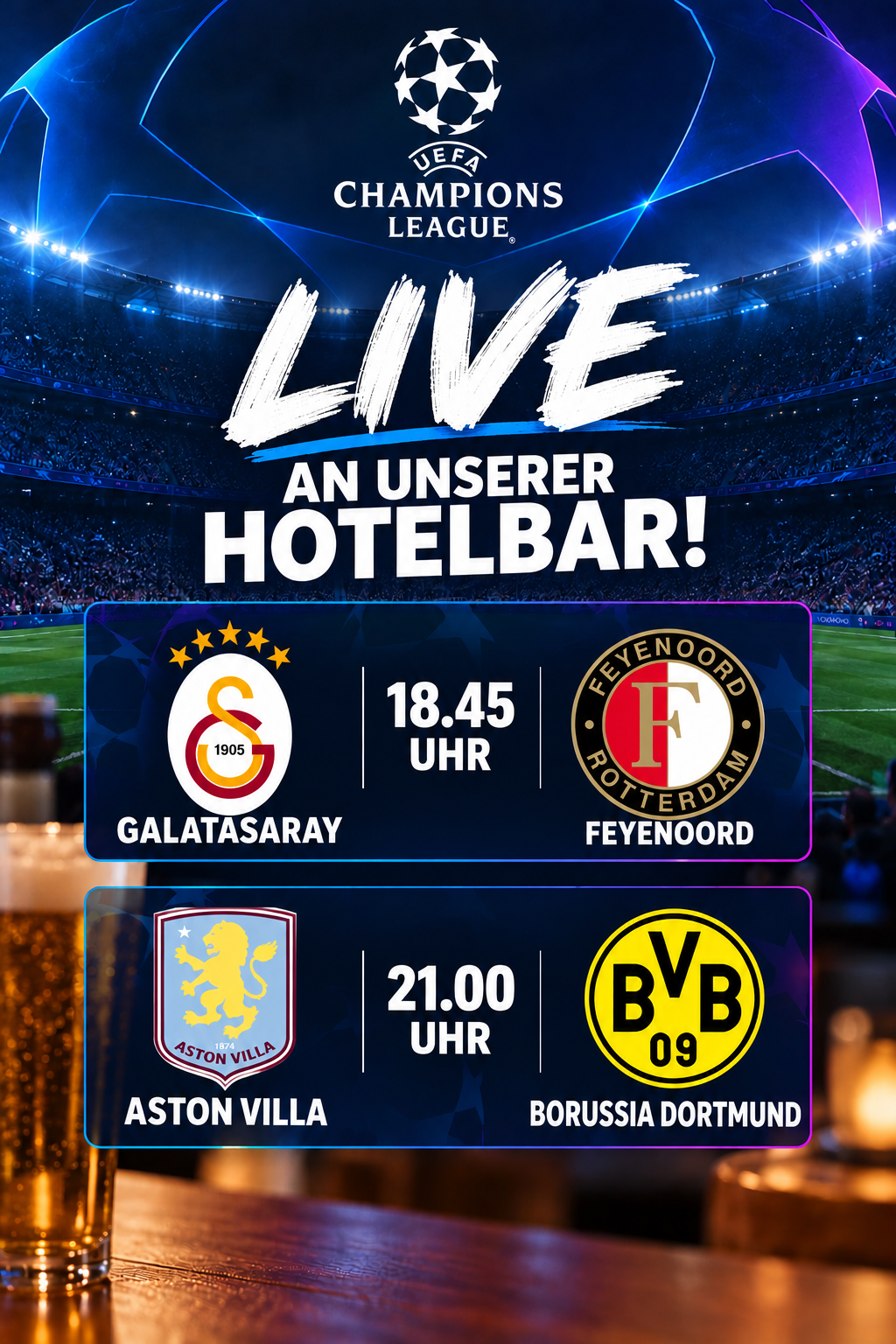 Live Champions League broadcast at the hotel bar