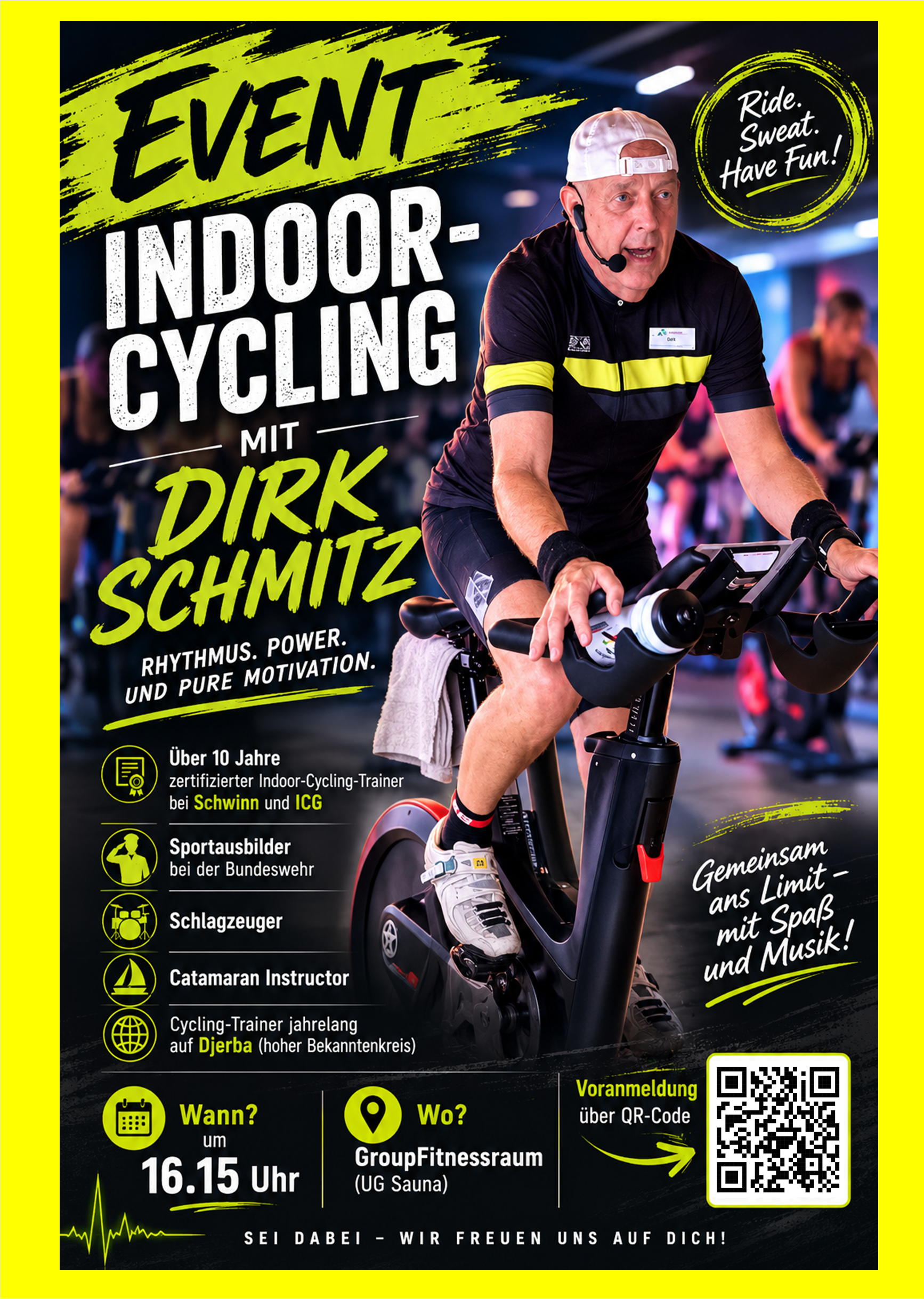 Event - Indoor Cycling (26.07.- 31.07) mit Dirk Schmitz (Voranmeldung erforderlich über QR-Code oder an der Rezeption)