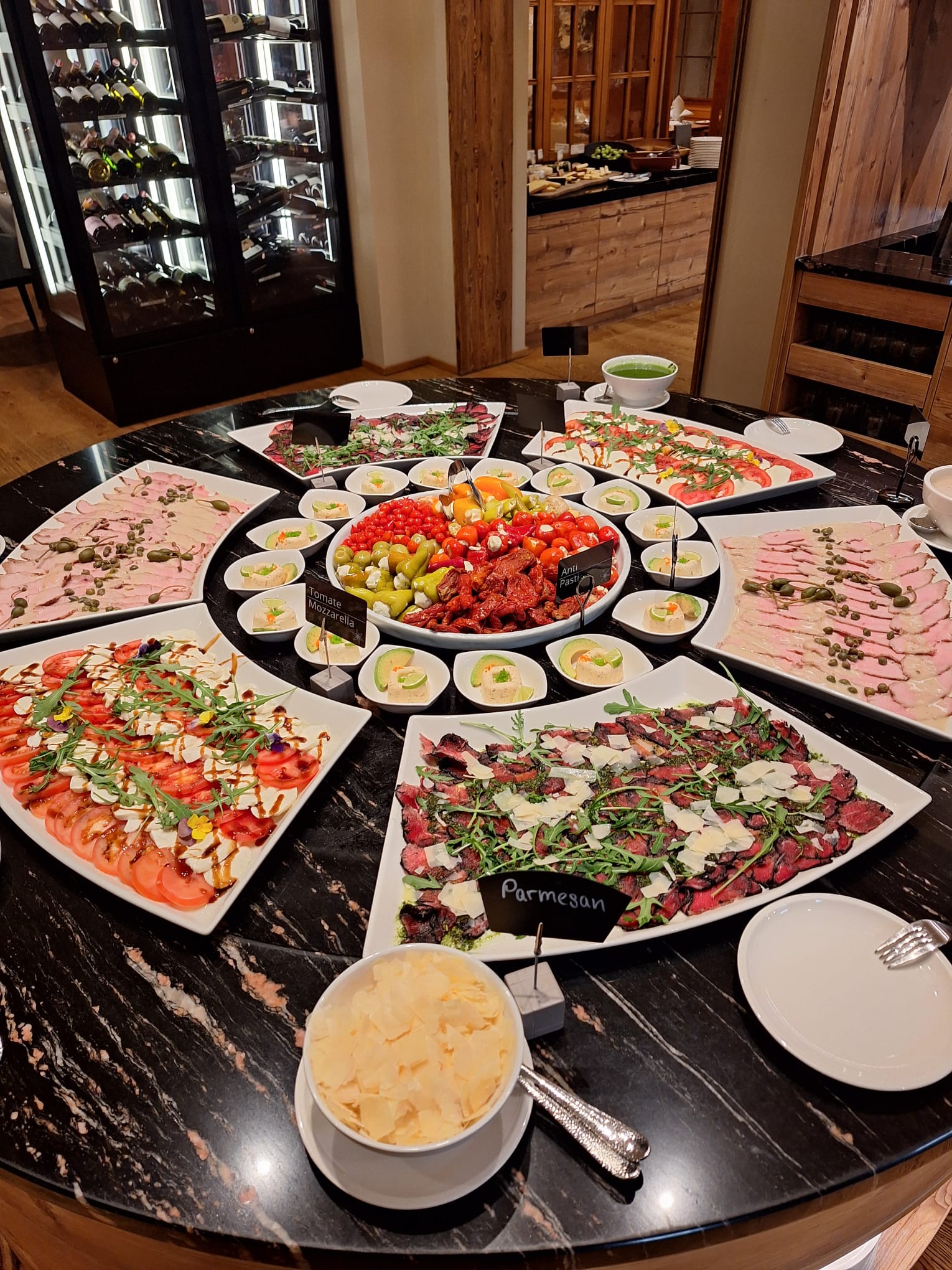 Italian starter buffet with fresh pasta from the show kitchen