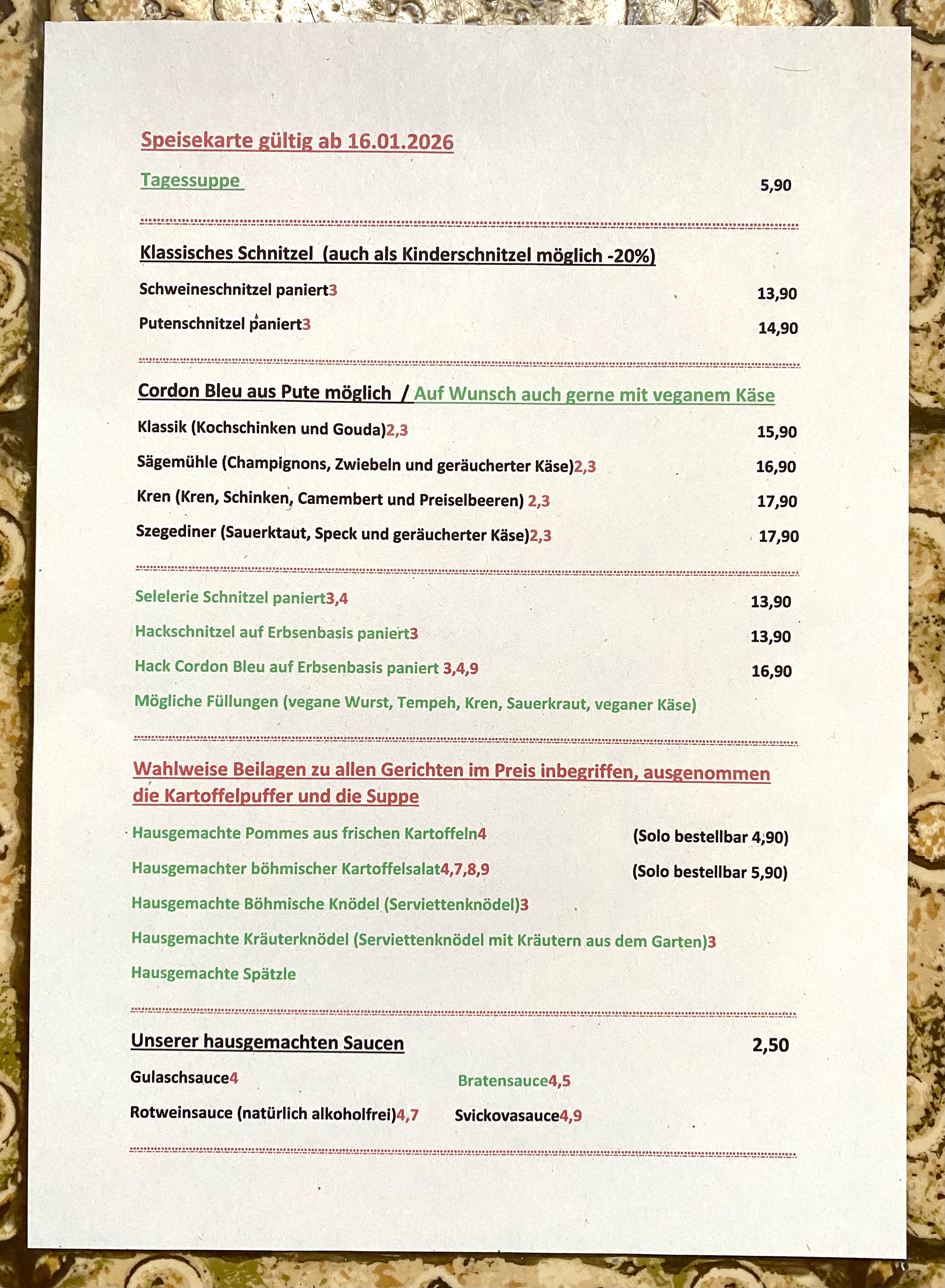 Speisekarte ab 16.01.2026