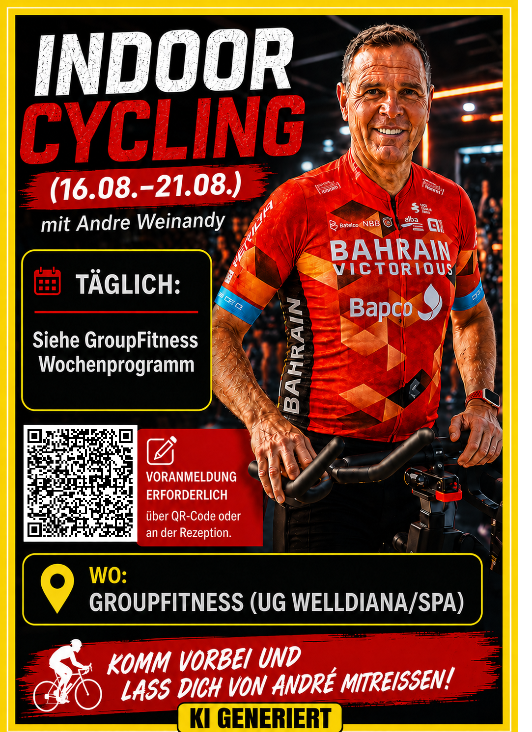 Indoor Cycling (16.08.-21.08.)  mit Andre Weinandy (Voranmeldung erforderlich über QR-Code oder an der Rezeption)
